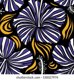 Vector hibiscus flower seamless pattern in violet and white colors on a black background.