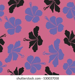 Vector hibiscus flower seamless pattern in pink, gray and violet colors.