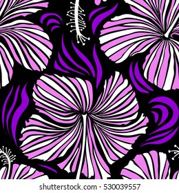 Vector hibiscus flower seamless pattern in white and pink colors on a black background.