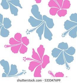 Vector hibiscus flower seamless pattern in blue and pink colors on a white background.