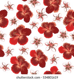 Vector hibiscus flower seamless pattern in red, brown and orange colors on a white background.