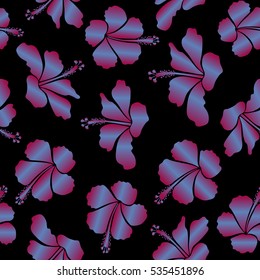 Vector hibiscus flower seamless pattern in purple and blue colors on a black background.