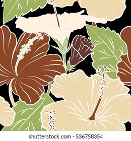 Vector hibiscus flower seamless pattern in brown, green and beige colors on a black background.