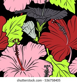 Vector hibiscus flower seamless pattern in red and gray colors on a black background.