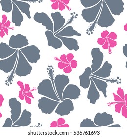 Vector hibiscus flower seamless pattern in neutral and pink colors on a white background.