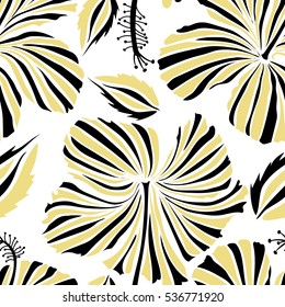 Vector hibiscus flower seamless pattern in black and yellow colors on a white background.