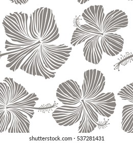 Vector hibiscus flower seamless pattern in gray colors on a white background.