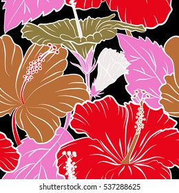 Vector hibiscus flower seamless pattern in red and pink colors on a black background.