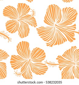 Vector hibiscus flower seamless pattern in orange colors on a white background.