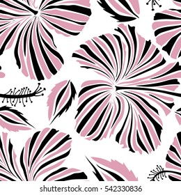 Vector hibiscus flower seamless pattern in neutral and black colors on a white background.