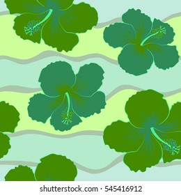 Vector hibiscus flower seamless pattern in green colors.