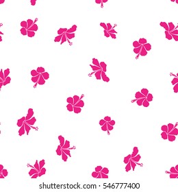 Vector hibiscus flower seamless pattern in magenta colors on a white background.