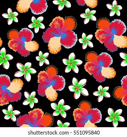Vector hibiscus flower seamless pattern in orange, neutral and red colors on a black background.