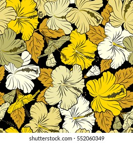 Vector hibiscus flower seamless pattern in beige and yellow colors on a black background.