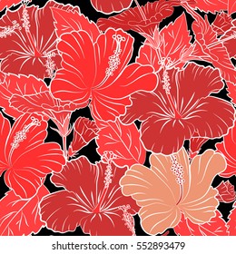 Vector hibiscus flower seamless pattern in orange and red colors on a black background.