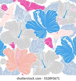 Vector hibiscus flower seamless pattern in gray and pink colors on a white background.