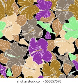 Vector hibiscus flower seamless pattern in beige, violet and green colors on a black background.