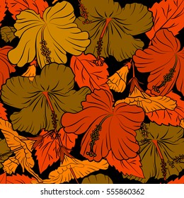 Vector hibiscus flower seamless pattern in brown, orange and yellow colors on a black background.