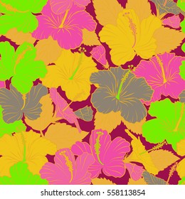 Vector hibiscus flower seamless pattern in purple, yellow and pink colors.