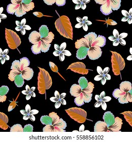 Vector hibiscus flower seamless pattern in beige, blue and orange colors on a black background.