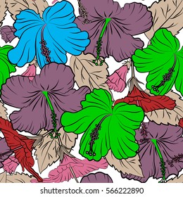Vector hibiscus flower seamless pattern in violet, red and pink colors on a white background.