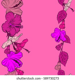 Vector hibiscus flower seamless pattern in pink and magenta colors and copy space (place for your text).