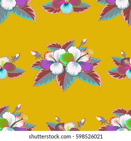 Vector hibiscus flower seamless pattern on a yellow background.