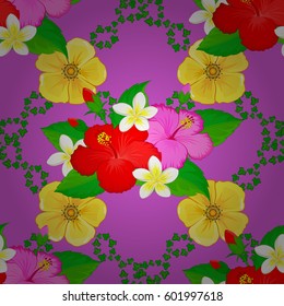 Vector hibiscus flower seamless pattern on a violet background.
