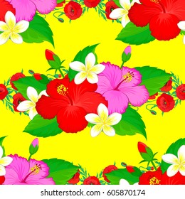 Vector hibiscus flower seamless pattern on yellow background.