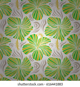 Vector hibiscus flower seamless pattern in green, beige and yellow colors on a white background.