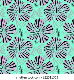 Vector hibiscus flower seamless pattern in gray, blue, pink and black colors.