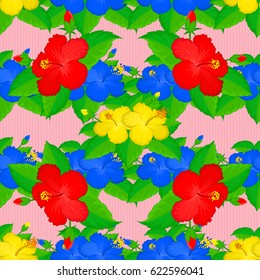 Vector hibiscus flower seamless pattern on a pink background.