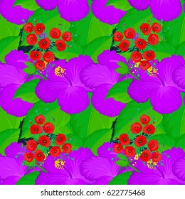 Vector hibiscus flower seamless pattern on a blue background.