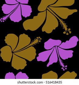 Vector hibiscus flower in violet and brown colors on a black background.