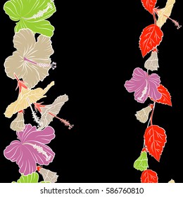 Vector hibiscus flowers in beige, pink and red colors on a black background. Vertical seamless pattern with tropical flowers in watercolor style with copy space (place for your text).