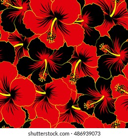 Vector hibiscus flowers in black and red colors. Hand drawn. Seamless pattern of stylized floral motif, flowers, hole, spots, doodles.
