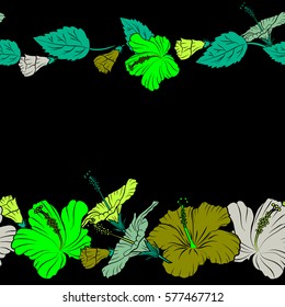 Vector hibiscus flowers and buds with copy space (place for your text). Retro horizontal seamless pattern illustration in green colors.