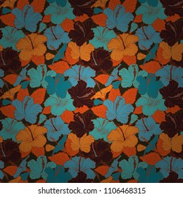 Vector hibiscus flowers and buds retro seamless pattern illustration in orange, blue and brown colors.