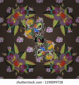 Vector hibiscus flowers and buds retro seamless pattern illustration in gray, green and purple colors.