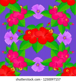 Vector hibiscus flowers and buds retro seamless pattern illustration in magenta, violet and green colors.