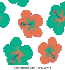Vector hibiscus flowers and buds retro seamless pattern illustration in brown and green colors on white background.