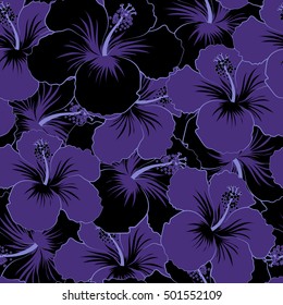 Vector hibiscus flowers and buds retro seamless pattern illustration in black and violet colors.