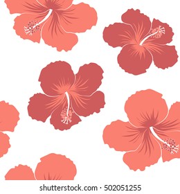 Vector hibiscus flowers and buds retro seamless pattern illustration in red colors on white background.