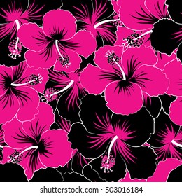 Vector hibiscus flowers and buds retro seamless pattern illustration in black and magenta colors.