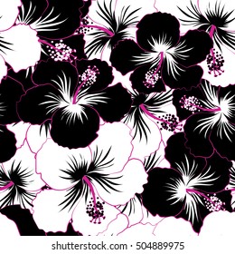 Vector hibiscus flowers and buds retro seamless pattern illustration in black and white colors.