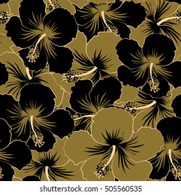 Vector hibiscus flowers and buds retro seamless pattern illustration in black and green colors.
