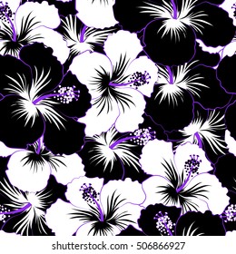 Vector hibiscus flowers and buds retro seamless pattern illustration in black and white colors.