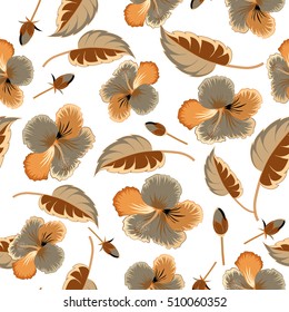 Vector hibiscus flowers and buds retro seamless pattern illustration in beige colors on white background.