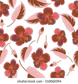 Vector hibiscus flowers and buds retro illustration in brown colors on white background.