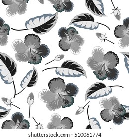 Vector hibiscus flowers and buds retro seamless pattern illustration in gray colors on white background.